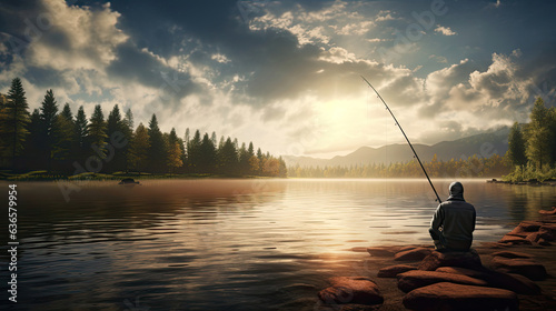 fishing at sunset on a lake