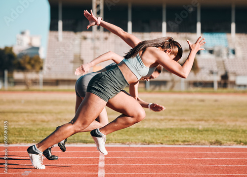 Fototapeta Naklejka Na Ścianę i Meble -  Action, sports and athlete running sprint in competition or fitness game or training for energy wellness on track. Race, stadium and athletic people or runner exercise, speed and workout performance