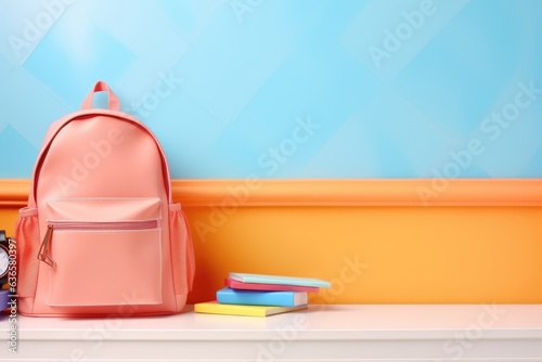 Backpack with different colorful stationery on table