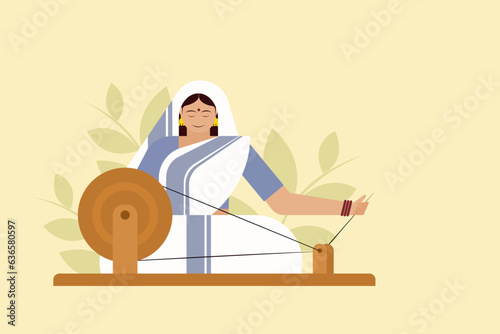 Illustration of an Indian woman operating a traditional spinning wheel