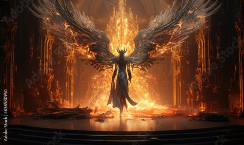 Photo of an angel standing in front of a fiery stag © uhdenis