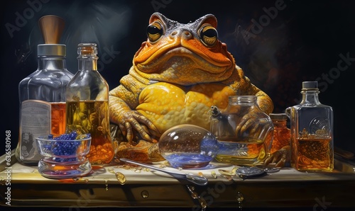 Photo of a realistic painting of a frog perched on a table