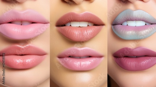 captivating collage of lips adorned with an array of pastel peach fuzz colors lipsticks. Embrace sweetness and charm with these soft  dreamy shades.