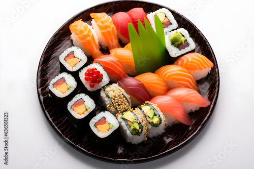 Fresh seafood collection sushi plate with variety, sushi rolls with eel, salmon, avocado, flying fish caviar and cream cheese.
