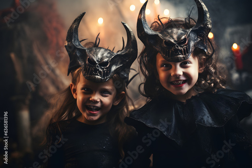 kids girl and boy with devils horns and demonic eyes © AGSTRONAUT