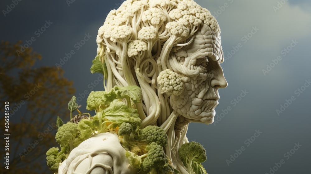 Illustration, human head in the shape of broccoli and cauliflower.