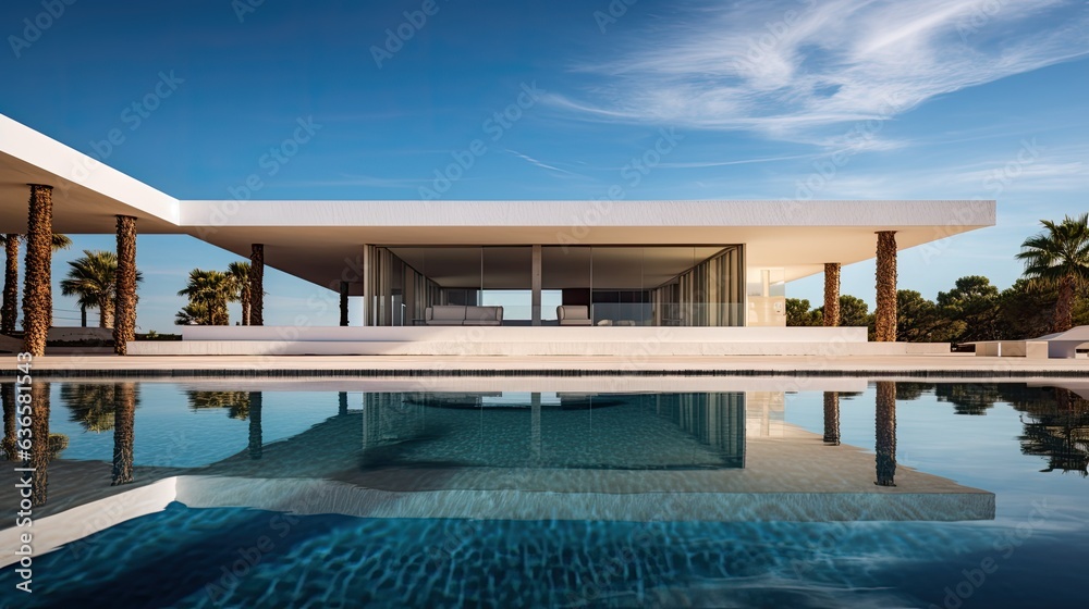 Fototapeta premium Architecture, exterior of an a modern villa, Ibiza mediterranean style, with a pool. 