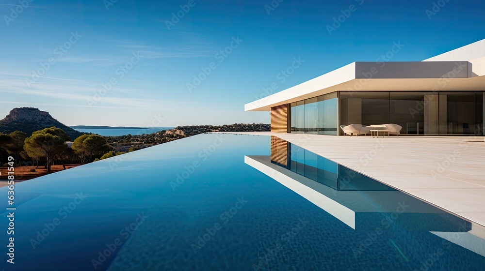 Architecture, exterior of an a modern villa, Ibiza mediterranean style, with a pool. 