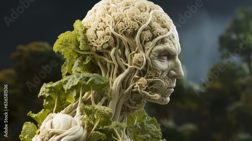 Illustration, human head in the shape of broccoli and cauliflower.