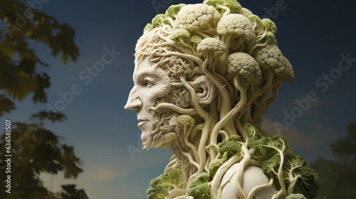 Illustration, human head in the shape of broccoli and cauliflower.