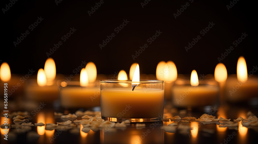 Focus on one lighted candle in front of many others. Generative AI Focus on one lighted candle in front of many others. Generative AI