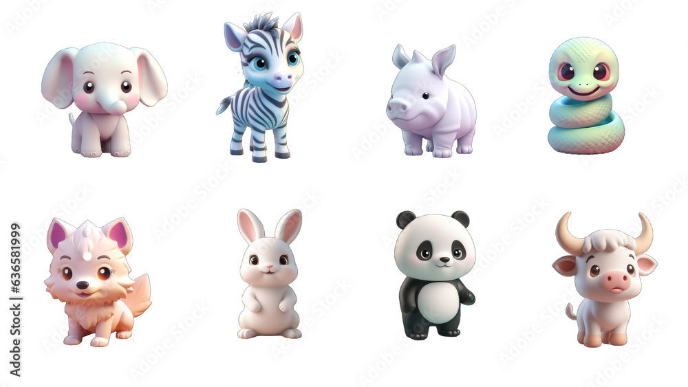 Fototapeta premium Funny little animals. elephant, zebra, rhino, snake, wolf, rabbit, panda, buffalo. 3d vector icon set, Generative AI