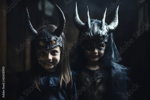 kids girl and boy with devils horns and demonic eyes