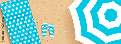 Summer beach background. Beach umbrella, striped flip-flop sandals and inflatable float mattress