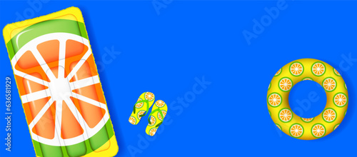 Summer vacation poster with 3d objects. Lifebuoy, beach sandals and inflatable float mattress