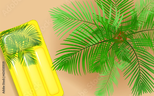 Summer beach poster. Sandy beach, top view. Palm tree and inflatable float mattress. Vector illustration