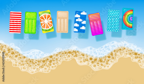 Sandy beach, top view. Coastline, surf, and olor inflatable mattresses. Vector illustration