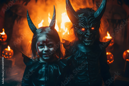 kids girl and boy with devils horns and demonic eyes photo
