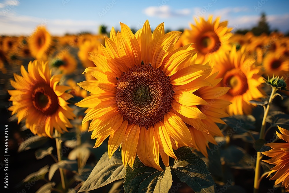 Golden Majesty: A Picturesque Agricultural Backdrop Showcasing Sunflowers in a Vast, Rustic Field