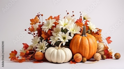 Festive autumn decoration with pumpkins and autumn flowers. Generative AI
