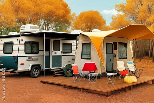 The trailer of the mobile home is camping in the fall, the concept of a family trip around the native country in a camper van or camper van and camping life.
