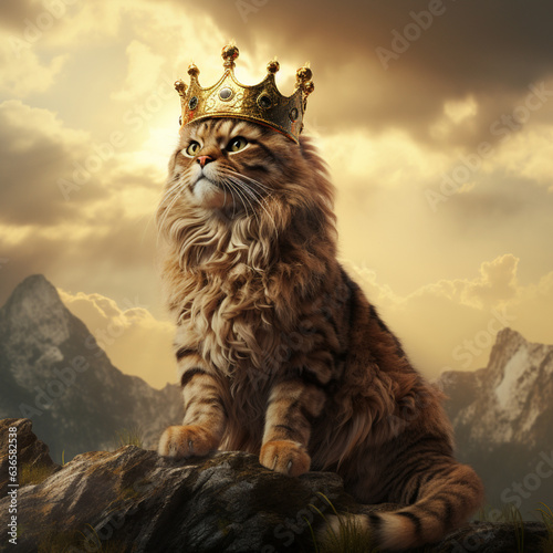 The cat appears like a lion on top of a mountain wearing a crown , cat surreal world, cat lion imagination, cat poses like a lion, british longhair silver chinchilla, surrealist portrait of a cat