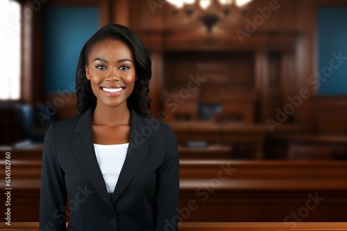 Beautiful smiling African American female lawyer with a business suit in a courthouse background, professional attorney wallpaper, Horizontal format 3:2
