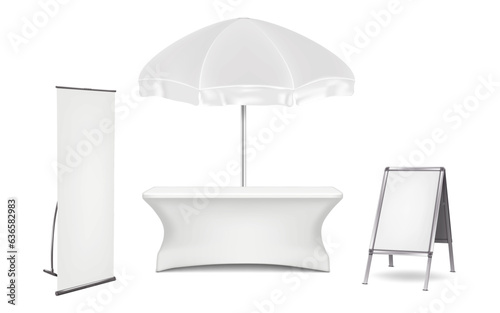 Exhibition set template. Blank white promotional table, patio umbrella parasol, vertical L-banner stand, A-frame sign vector mock-up. Outdoor trade show mockup kit