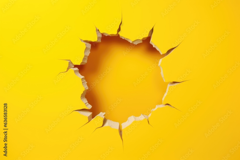 Big paper hole in center of yellow background - obrazy, fototapety, plakaty 