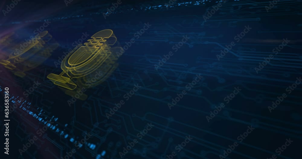 Microphone podcast online and on air record live broadcast hologram symbol appears on a electronic circuit background. Network, cyber technology abstract concept 3d seamless loop animation.