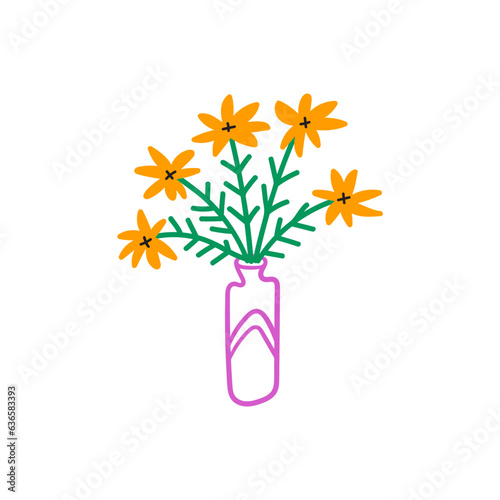 Bouquet of flowers in vase clipart, flowers with leaves, simple hand drawn illustration, modern colorful vector illustration of abstract florals, isolated on white background