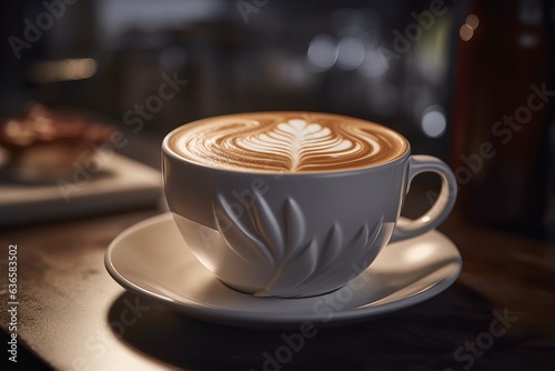 Illustration of a cup of cappuccino on a saucer with foam art on top, created using generative AI