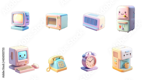 Funny Home apliances. computer, TV, telephone, clock, dispenser, refrigerator, AC, oven. 3d vector icon set, Generative AI photo