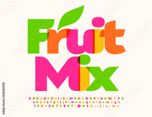 Vector colorful template Fruit Mix. Bright Creative Font. Artistic Alphabet Letters, Numbers and Symbols set