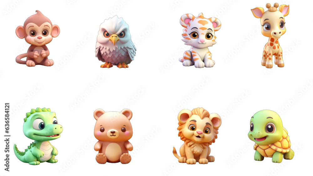 Obraz premium Funny little animals. Unicorn, monkey, eagle, tiger, lion, croco, bear, tiger, turtle, giraffe. 3d vector icon set, Generative AI