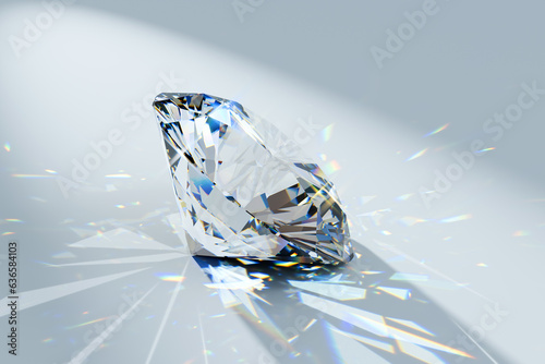 Round diamond in a spotlight on white background with beautiful refraction rays, side view