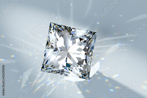 Princess cut diamond in a spotlight on white background.
