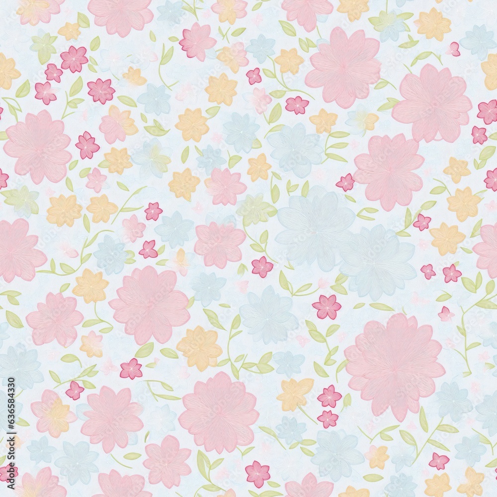 Embroidered seamless pattern of colorful flowers. AI generated.