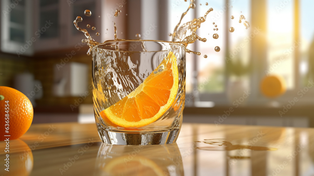 Generative AI, glass of fresh orange juice with splashes, drops, orange