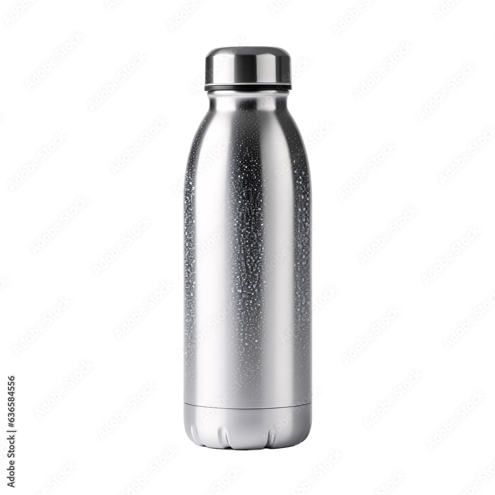 Blank stainless steel water bottle with water drops isolated on transparent background. Blank stainless steel water bottle with water drops isolated on transparent background.