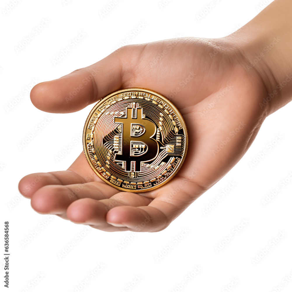 Hand holding bitcoin isolated on transparent background Hand holding bitcoin isolated on transparent background