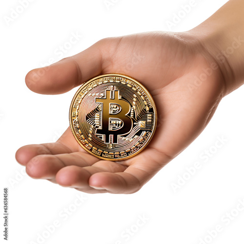 Hand holding bitcoin isolated on transparent background