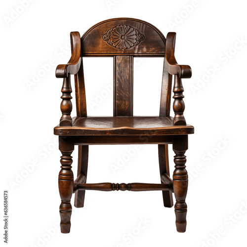 Antique oak wood chair isolated on transparent background.