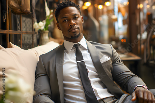 Young black  businessman wearing gray suit sitting on a couch in the outdoor cafe.
