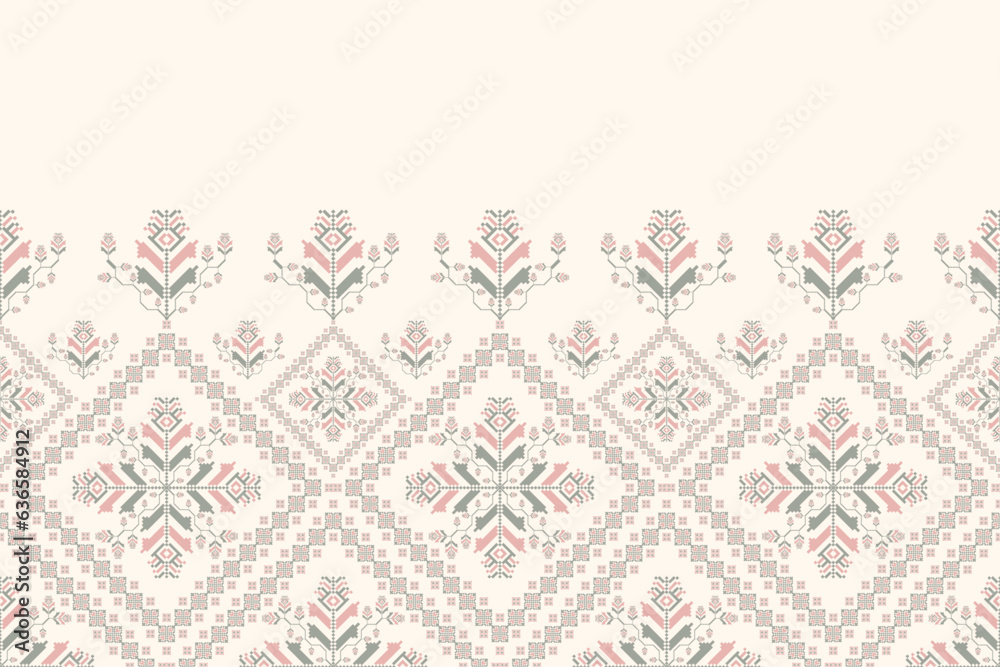 Colorful embroidery floral pattern. Vector geometric floral square shape seamless pattern pixel art style. Geometric floral stitch pattern use for textile, wallpaper, cushion, carpet, upholstery, etc.