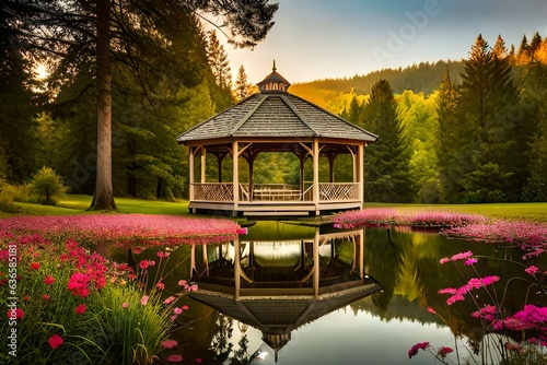 A large wooden gazebo for relaxing. Wedding dinner in nature. Large grill. there is a banquet wooden table decorated with compositions, glasses, candles and plates are placed on the table.