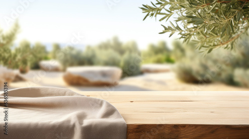product display mockup showcase stand with old wooden table and brown fabric cover with fresh olive tree branch in garden daylight,ai generate