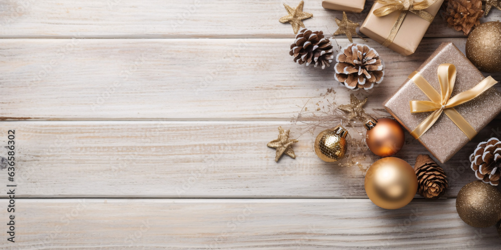 Christmas decoration on wooden background. Christmas themed copy space, banner Christmas decoration on wooden background. Christmas themed copy space, banner