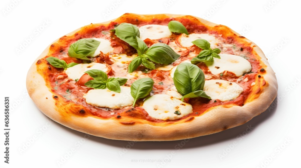 Pizza sur fond blanc, sauce tomate, basilic, jambon fromage, champignon, illustration produit culinaire, ia générative