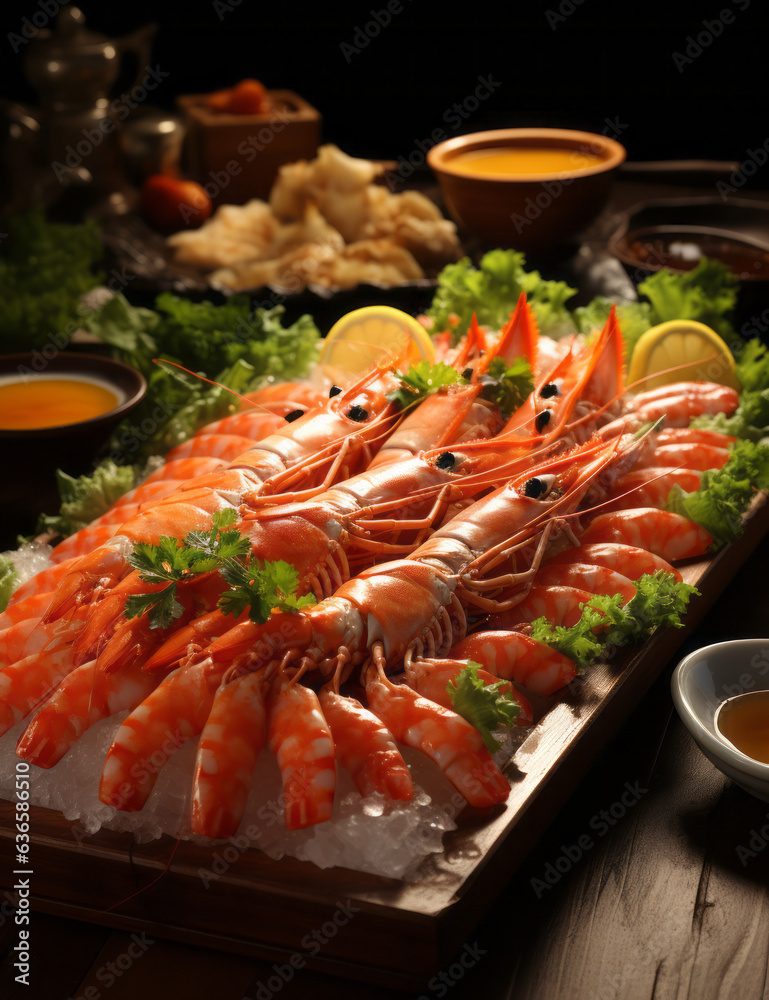 Seafood, Shrimps on ice with sauce and chopsticks on wooden table Seafood, Shrimps on ice with sauce and chopsticks on wooden table